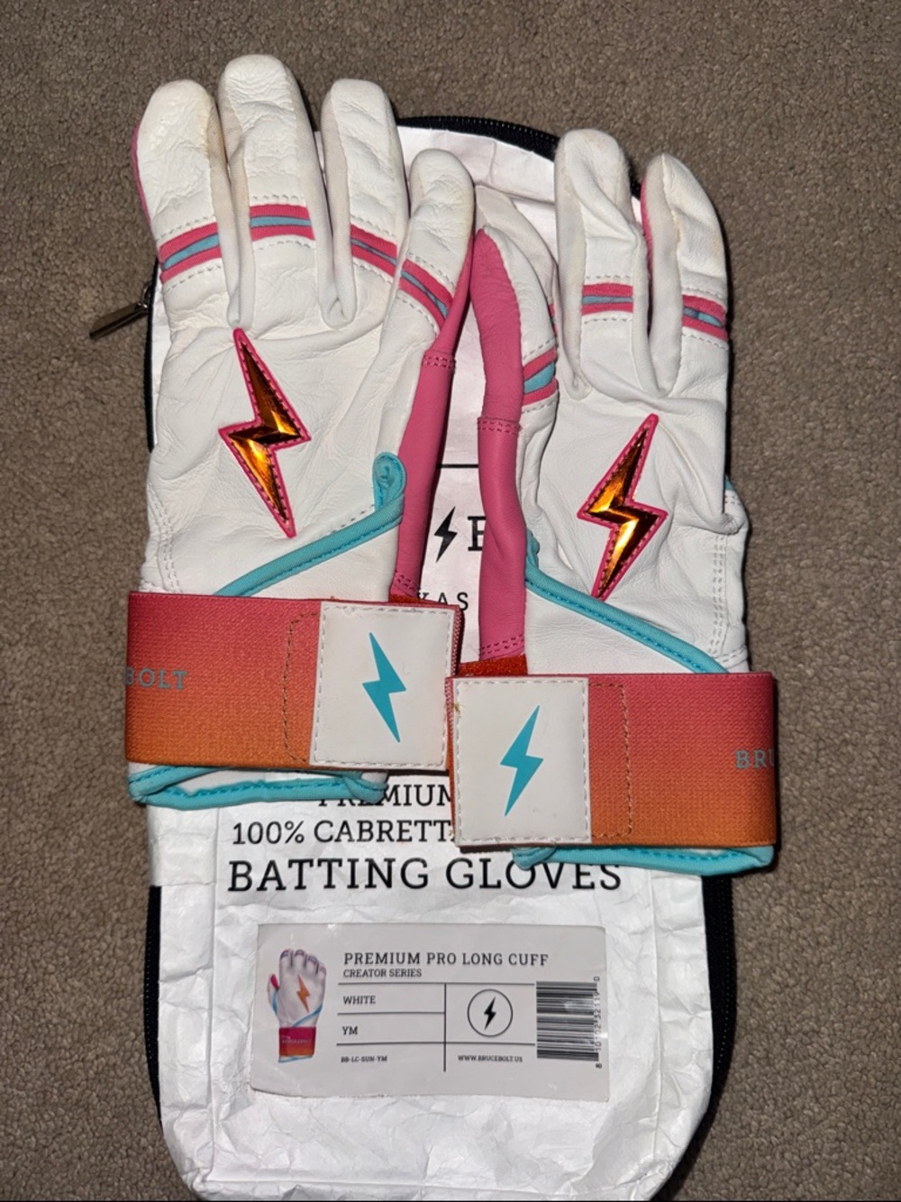 NWT Bruce Bolt Leather Sunrise Long Cuff Batting Gloves